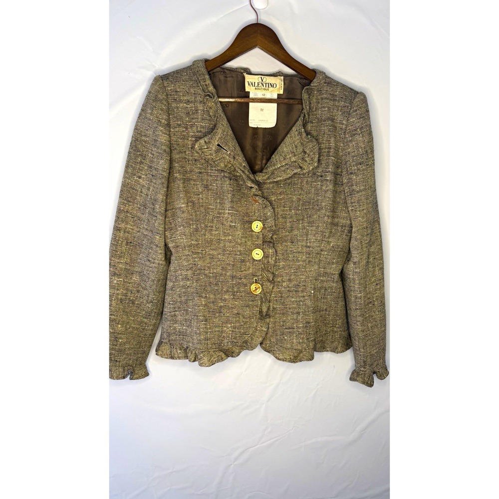 Valentino Boutique Womens tan/BrownRuffle Button Lined Wool Short Jacket Size 12